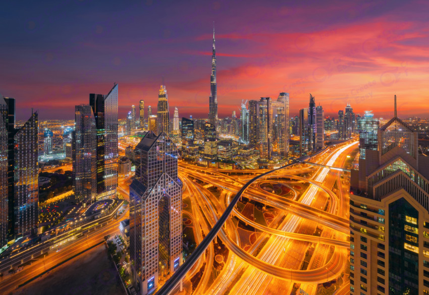 Aerial view of Burj Khalifa in Dubai Downtown skyline and highwa
