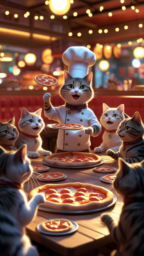 Restaurant with many cats sitting at table