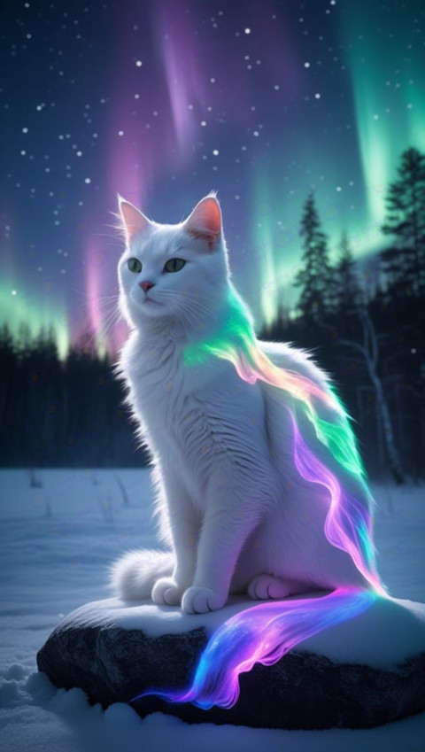 Graceful white cat sitting on a snowcove