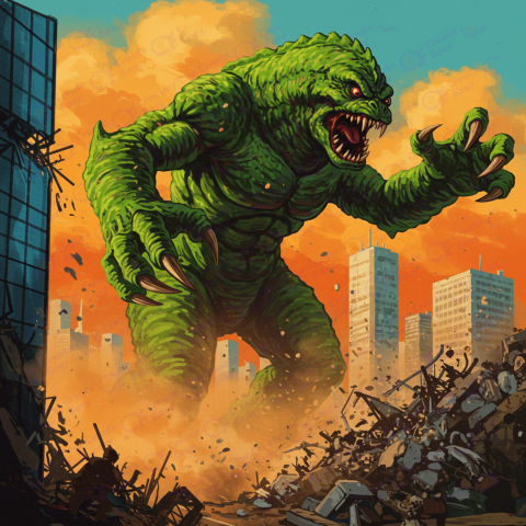 craiyon green monster destroys large buildings
