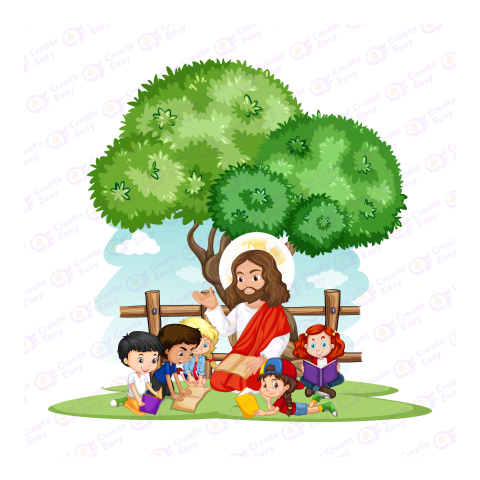 Cartoon Jesus Is Sitting Under A Tree With Kids Flat geometric management icon
