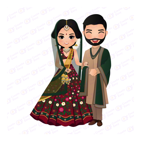 Bride and groom cute couple in traditional indian dress Flat icon free png image