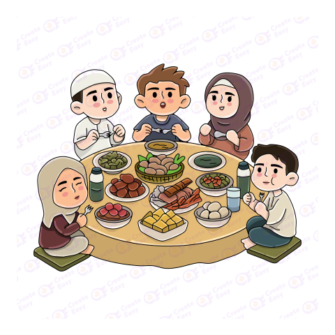 Muslim Family Enjoying Iftar Ramadan Kareem Celebration flat free png image